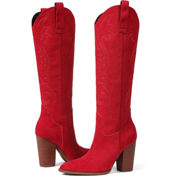 Women Red Suede Embroidered Pointed Toe Knee High Western Chunky Heels Boots - Picture 7 of 7